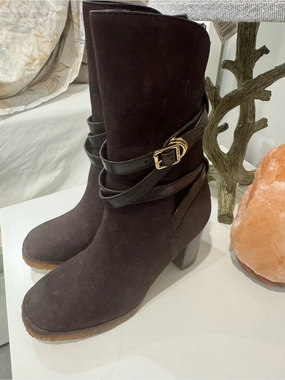 Tory Burch Dark Brown Suede Mid-Calf Heeled Boots with Wrap Strap